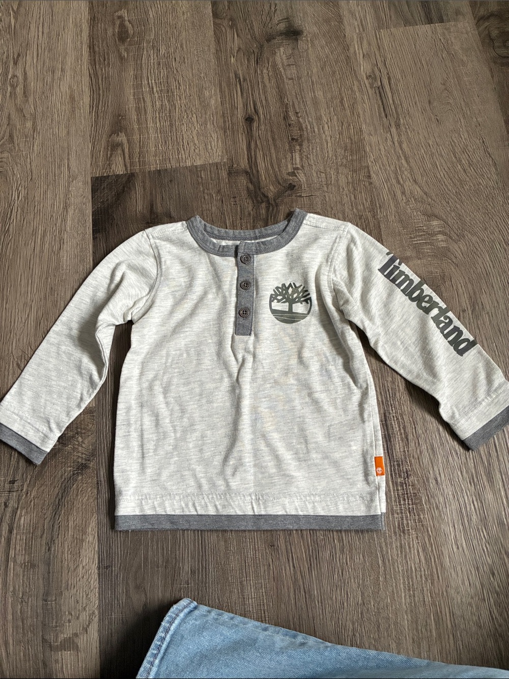 Timberland Toddler Long-Sleeve Henley in Light Gray with Dark Gray Trim 18M